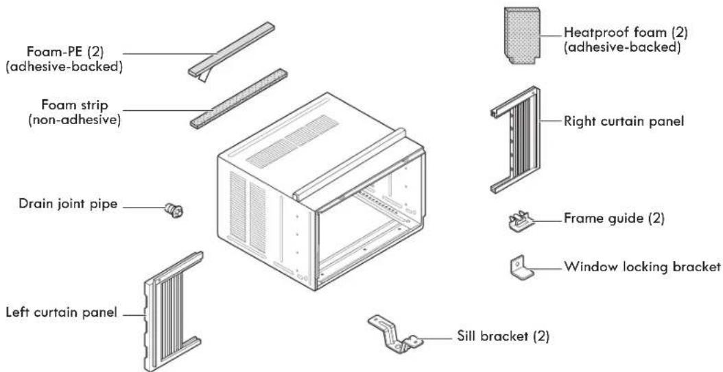 Foam-PE (2) (adhesive-backed) Foam strip (non-adhesive) Drain joint pipe Left curtain panel Heatproof foam (2) (adhesive-backed) Right curtain panel Frame guide (2) Window locking bracket Sill bracket (2)