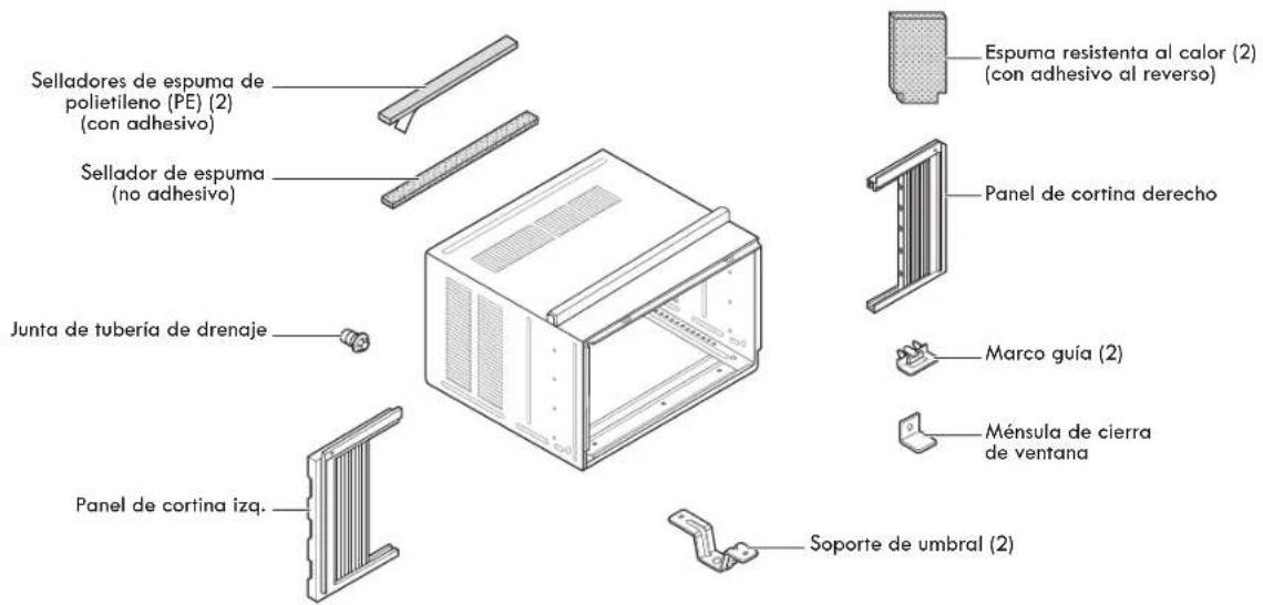 Selladores de espuma de polietileno (PE) (2) (con adhesivo) Sellador de espuma (no adhesivo) Junta de tubería de drenaje Panel de cortina izq. Espuma resistenta al calor (2) (con adhesivo al reverso) Panel de cortina derecho Marco guía (2) Ménsula de cierra de ventana Soporte de umbral (2)