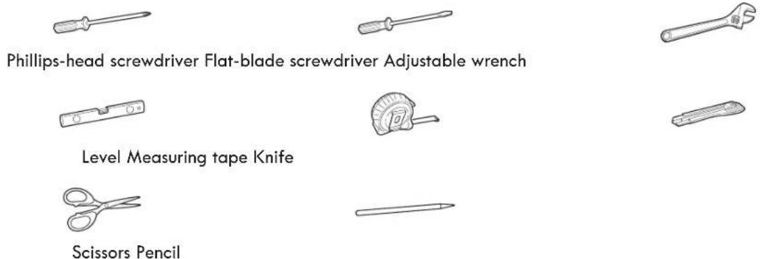 Phillips-head screwdriver Flat-blade screwdriver Adjustable wrench Level Measuring tape Knife Scissors Pencil