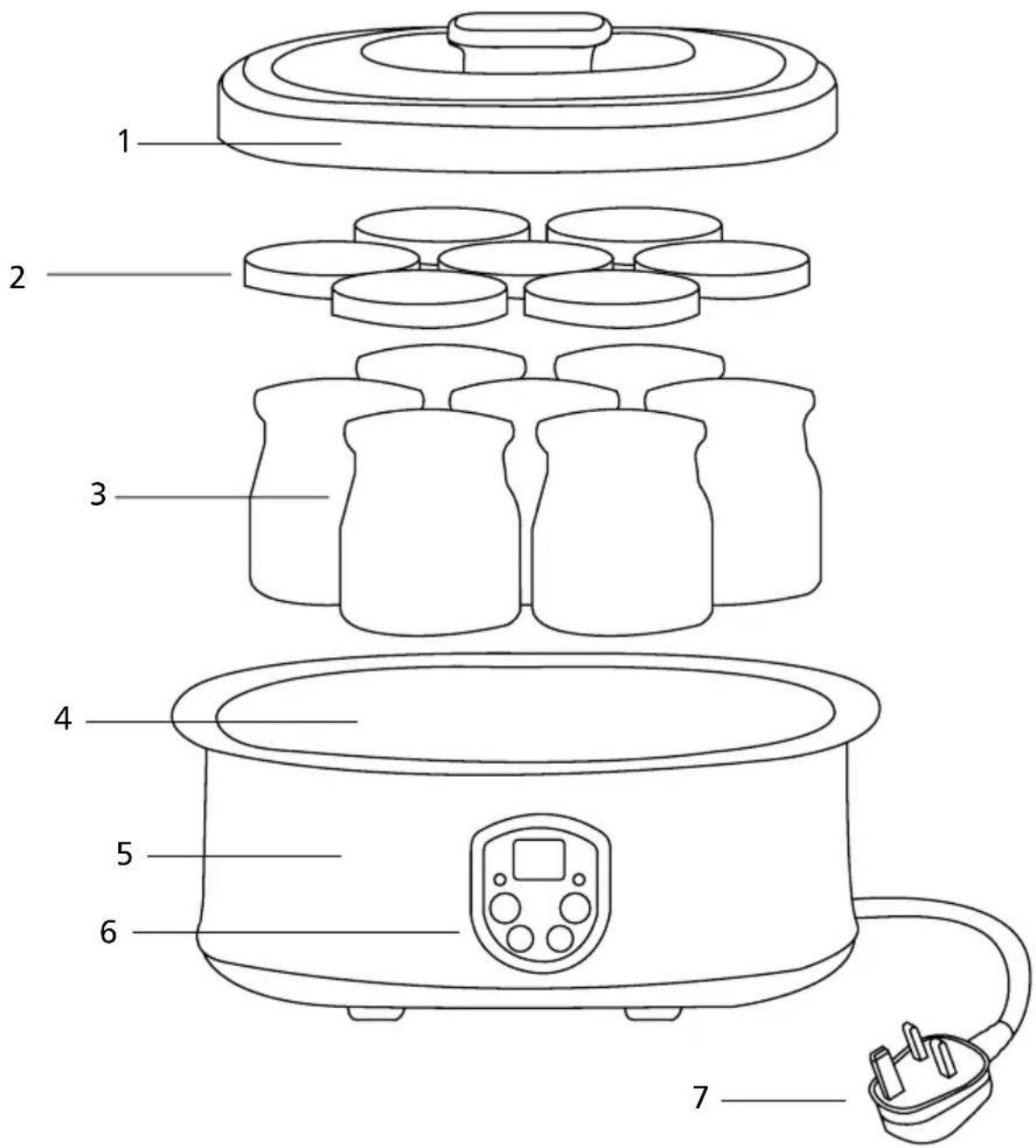 Diagram of a rice cooker with seven labeled components, showing internal structure and wiring layout.