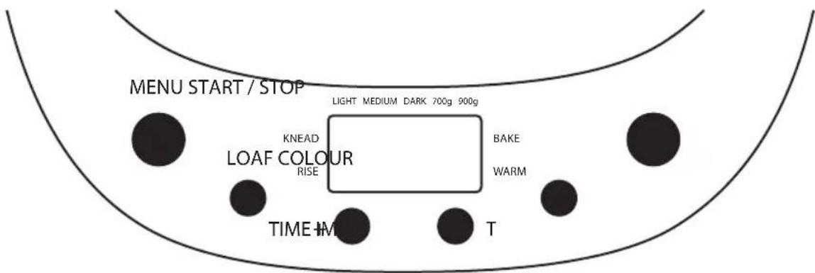 MENU START / STOP LIGHT MEDIUM DARK 700g 900g KNEAD LOAF COLOUR RISE BAKE WARM TIME T