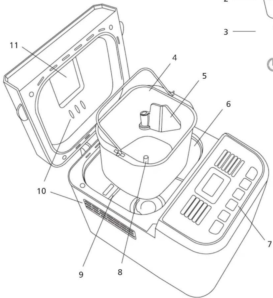 Technical diagram of a device with numbered parts for identification