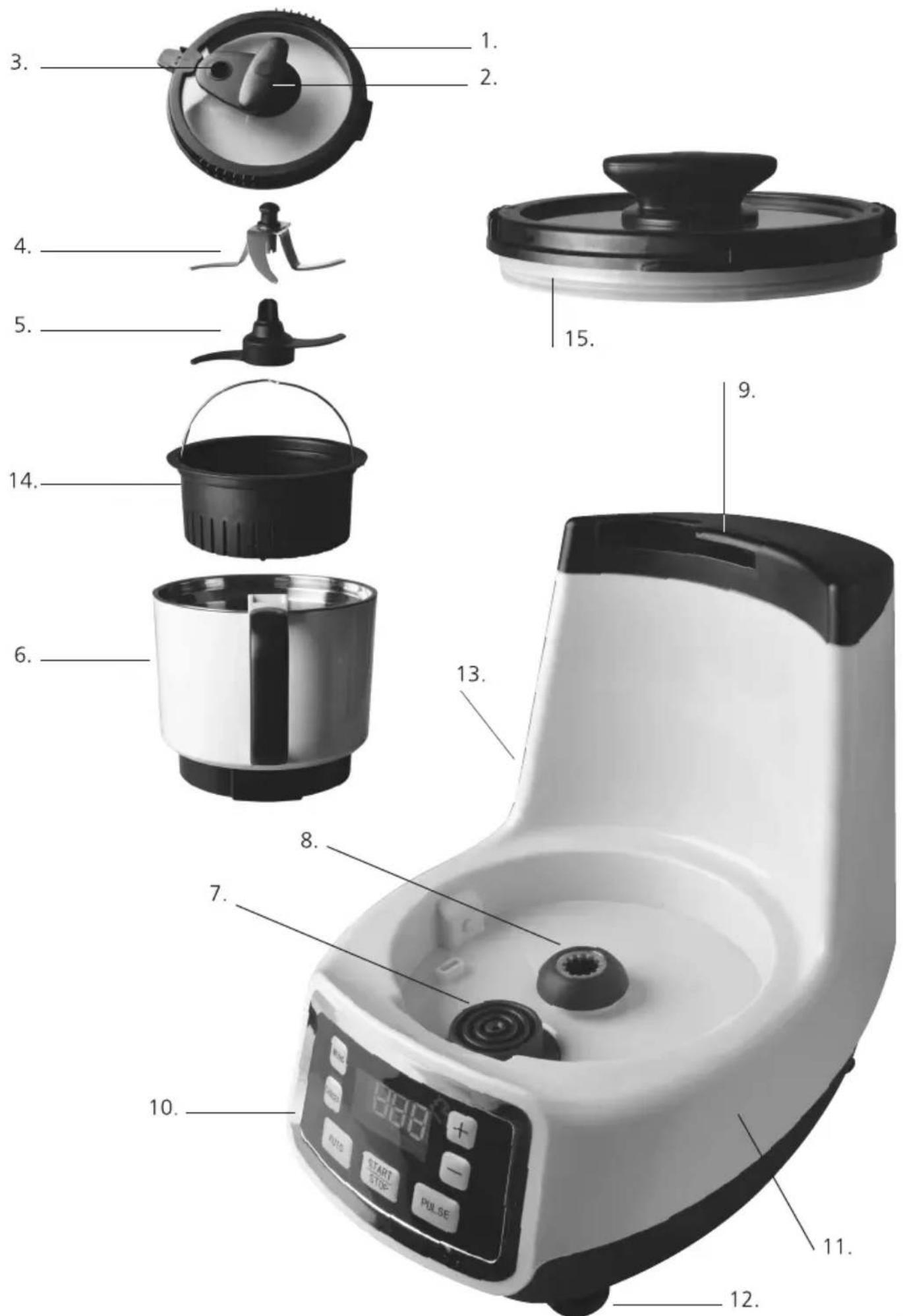 Exploded view diagram of a kitchen appliance with numbered parts for identification