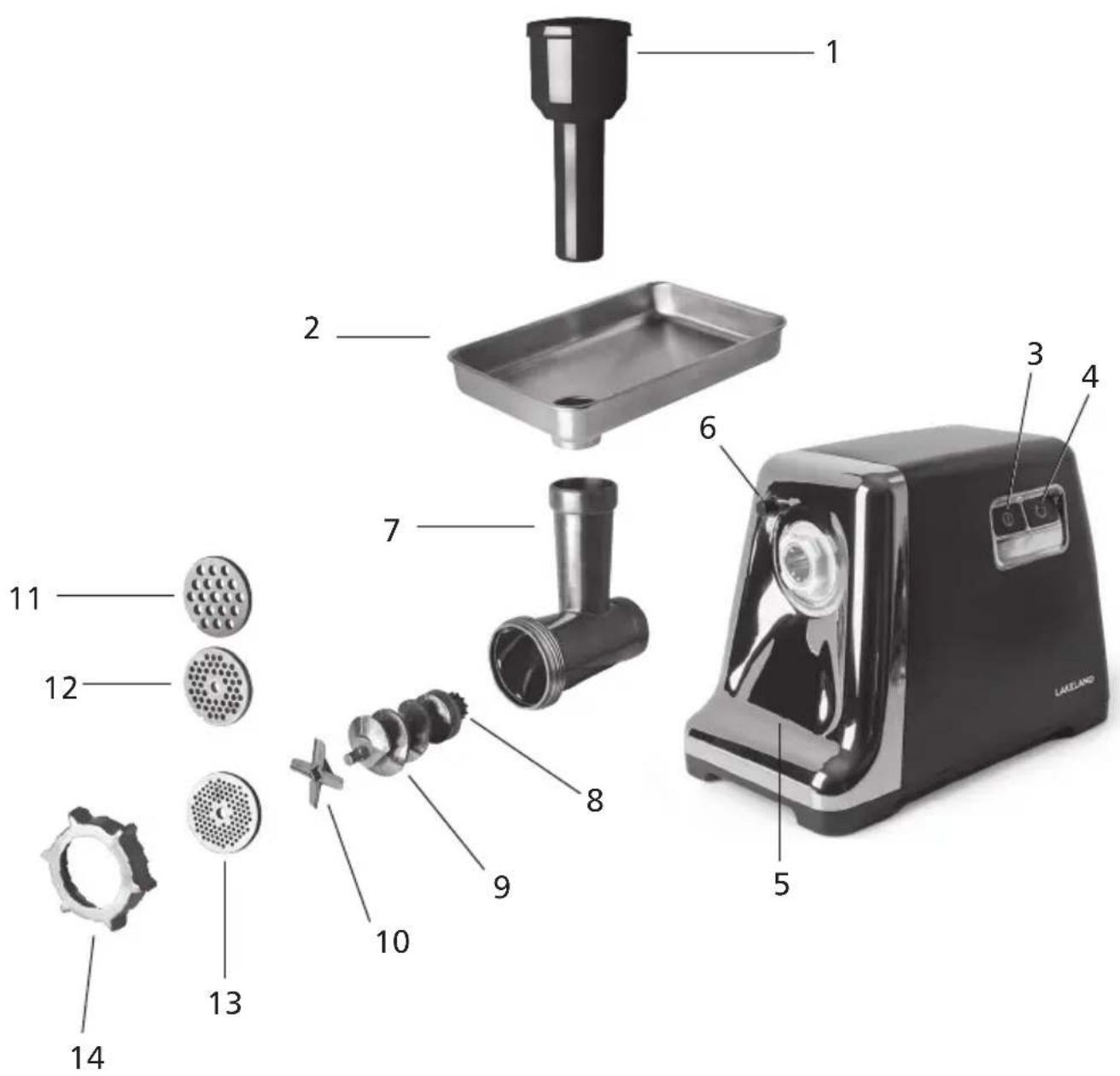 Exploded view diagram of a food processor with numbered parts for identification