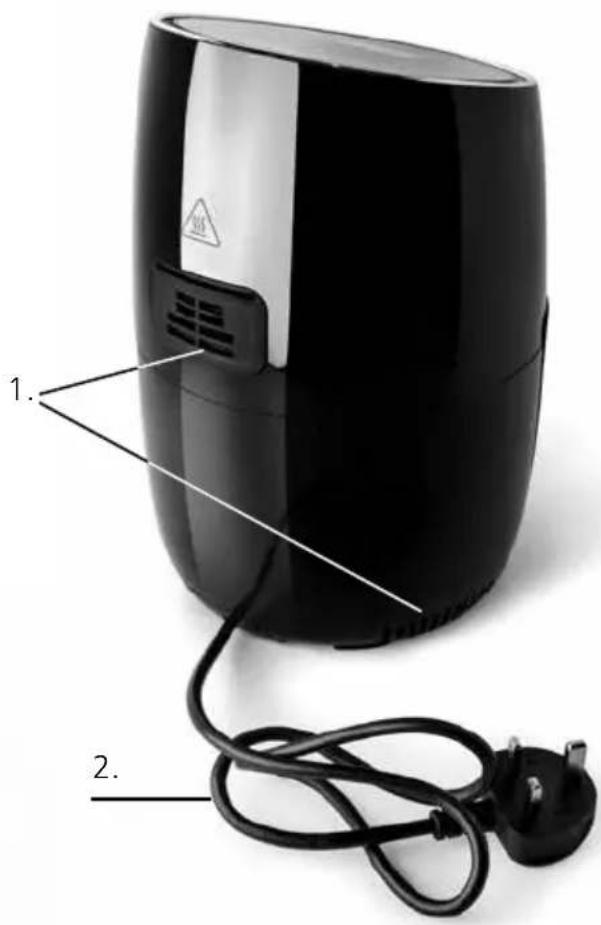 Product diagram of a black air fryer with labeled parts and warning symbol