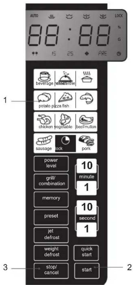 AUTO 88:88 LOCK G 1 16 25 FREE beverage reindeerise potato pizza fish chicken vegetable beef/mutton sausage lock pork power level 10 minute grill/ combination 1 memory 10 second preset 1 jet defrost weight defrost quick start stop/ cancel start 3 2