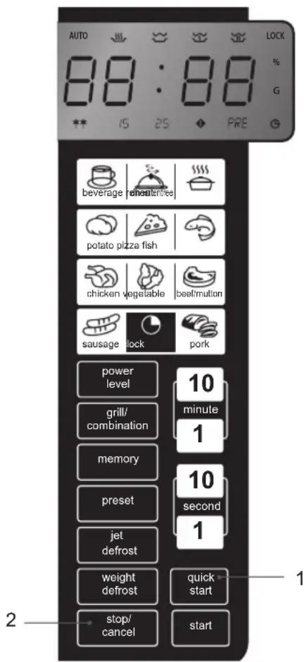 AUTO 8:8 : 8:8 % G PRE BEVERAGE REHEATER/ICE potato pizza fish chicken vegetable beef/mutation sausage lock pork power level grill/ combination 10 minute 1 memory preset 10 second 1 jet defrost weight defrost quick start stop/ cancel start