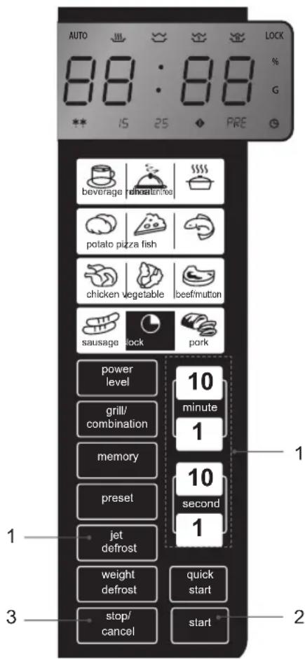 AUTO 88:88 % G 15 25 PRE BEVERAGE potato pizza fish chicken vegetable sausage lock power level grill/ combination memory preset jet defrost weight defrost stop/ cancel 10 minute 1 10 second 1 quick start start