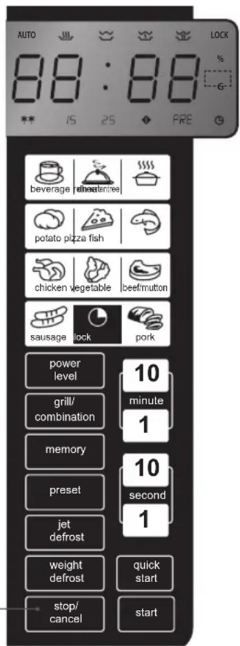 AUTO 8:00:00 15 25 PRE BEVERAGE REATHERINE potato pizza fish chicken vegetable beef/mutton sausage lock pork power level 10 grill/ combination minute 1 memory 10 preset second 1 jet defrost 1 weight defrost quick start stop/ cancel start