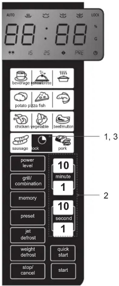 AUTO 8:8 : 8:8 LOCK % G ** 15 25 ◆ PRE beverage (cnoar/entree) potato pizza fish chicken vegetable beef/mutton sausage lock pork power level 10 minute 1 grill/ combination 1 memory 10 second 1 preset 1 jet defrost weight defrost quick start stop/ cancel start 1, 3 2