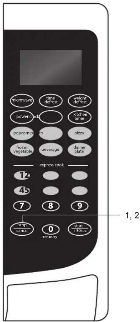 microwave time defrost weight defrost power clock kitchen timer popcorn potato pizza frozen vegetable beverage dinner plate express cook 12 45 7 8 9 stop cancel 0 memory start +30sec 1, 2