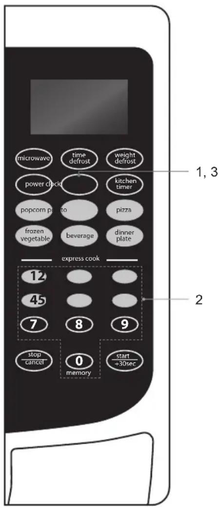 microwave time defrost weight defrost power clock kitchen timer popcorn potato pizza frozen vegetable beverage dinner plate express cook 12 45 7 8 9 stop cancel 0 memory start +30sec 1, 3 2