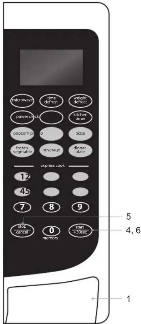 microwave time defrost weight defrost power clock kitchen timer popcorn photo pizza frozen vegetable beverage dinner plate express cook 12 45 7 8 9 stop cancel 0 memory start +30sec 5 4, 6 1