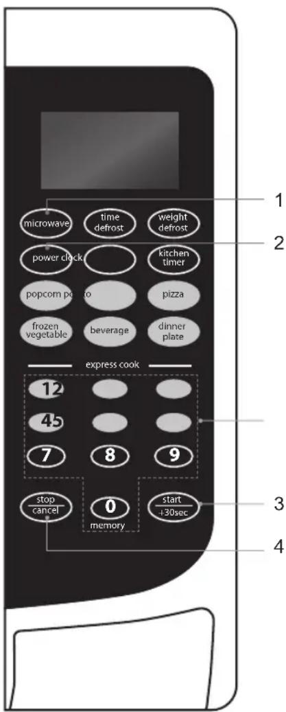 microwave time defrost weight defrost power clock kitchen timer popcorn potato pizza frozen vegetable beverage dinner plate express cook 12 45 7 8 9 stop cancel 0 memory start +30sec 1 2 3 4