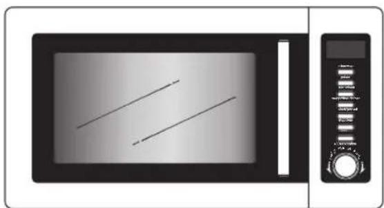 Front view of a microwave oven with two wires on screen and a control panel on the right (no text or symbols visible)