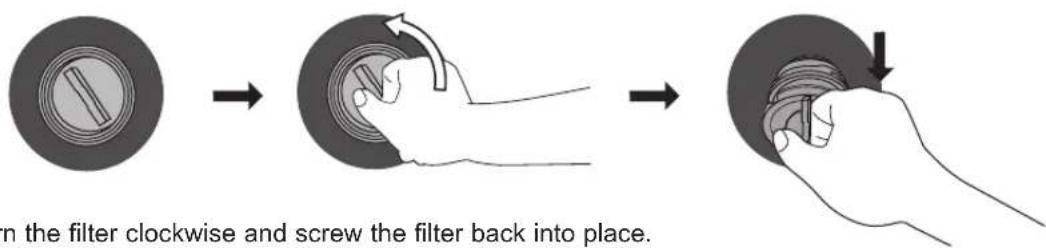 In the filter clockwise and screw the filter back into place.