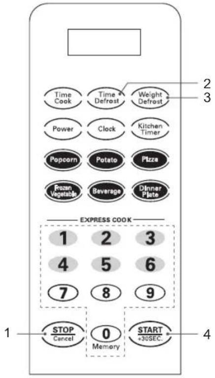 Time Cook Time Defrost Weight Defrost Power Clock Kitchen Timer Popcorn Potato Pizza Rozen Vegetable Beverage Dinner Plate EXPRESS COOK 1 2 3 4 5 6 7 8 9 STOP Cancel 0 Memory START +30SEC. 1 2 3 4 5 6 7 8 9 4