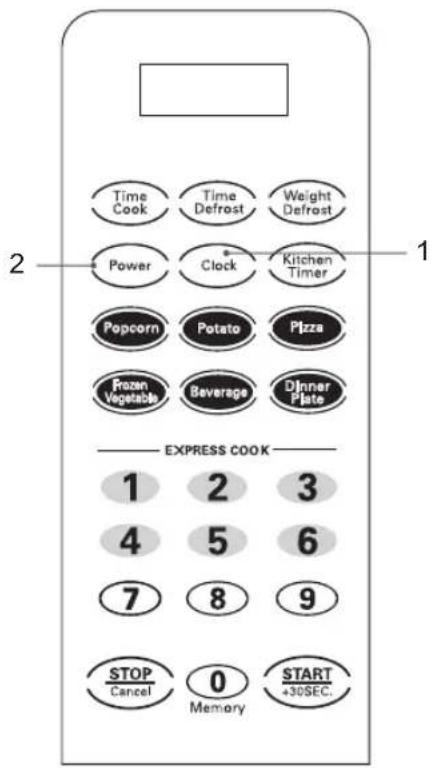 Time Cook Time Defrost Weight Defrost Power Clock Kitchen Timer Popcorn Potato Pizza Frozen Vegetable Beverage Dinner Plate EXPRESS COOK 1 2 3 4 5 6 7 8 9 STOP Cancel 0 Memory START +30SEC. 2 1