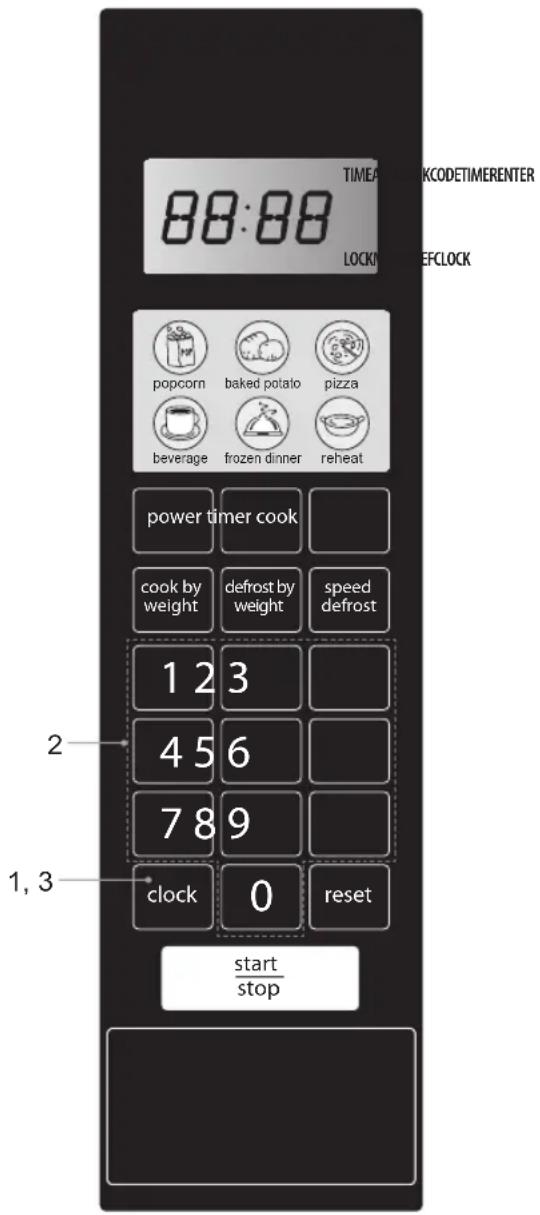 TIME KCODETIMERENTER LOCK EFCLOCK popcorn baked potato pizza beverage frozen dinner reheat power timer cook cook by weight defrost by weight speed defrost 1 2 3 4 5 6 7 8 9 clock 0 reset start stop