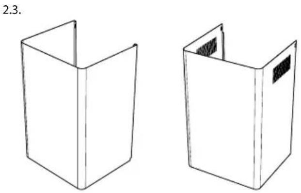 Two simple line drawings of open and closed cardboard boxes, no text or symbols present