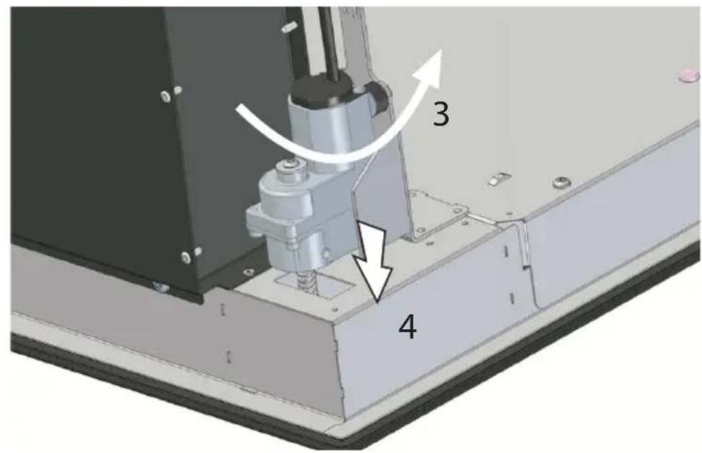 Technical diagram showing a mechanical assembly with labeled parts 3 and 4, indicating directional movement or assembly.