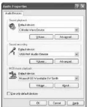 Audio Properties Audio Devices Sound playback Default device C:\Media ware Device Volume... Advanced... Sound recording Default device USB PDF Audio Device Volume... Advanced... MIDI audio playback Default device Microsoft GS M available S/I Synth Voltage... About... Use only default devices OK Cancel Apply