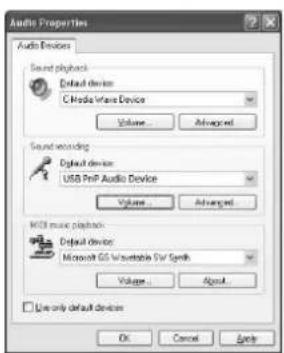 Audio Properties Audio Devices Sound playback Default device C Media Wave Device Volume Advanced Sound recording Default device USB PrP Audio Device Volume Advanced MCD audio playback Default device Microsoft GS Unstable CV Spring Volume Advanced Use only default devices OK Cancel Apply