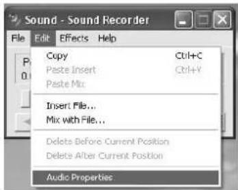 Sound - Sound Recorder File Edit Effects Help Copy Ctrl+C Paste Insert Ctrl+V Paste Mix Insert File... Mix with File... Delete Before Current Position Delete After Current Position Audio Properties