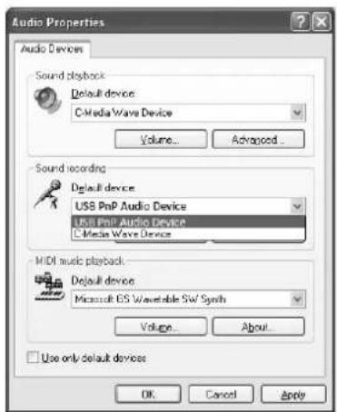 Audio Properties Audio Devices Sound playback Default device C-Media Wave Device Volume... Advanced... Sound recording Default device USB PnP Audio Device USB PnP Audio Device C-Media Wave Device MIDI music playback Default device Microsoft ES Waveable SW Synth Voltage... About... Use only default devices OK Cancel Apply