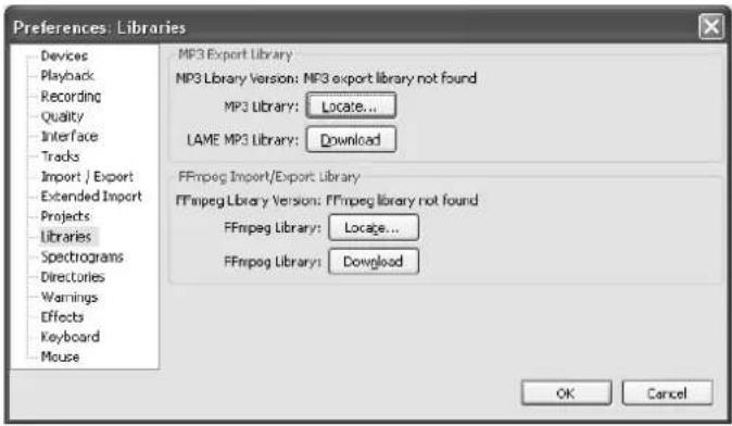 Preferences: Libraries Devices Playback Recording Quality Interface Tracks Import / Export Extended Import Projects Libraries Spectrograms Directories Warnings Effects Keyboard Mouse MF3 Export Library MP3 Library Version: MF3 export library not found MP3 Library: Locate... LAME MP3 Library: Download FFmpeg Import/Export Library FFmpeg Library Version: FFmpeg library not found FFmpeg Library: Locate... FFmpeg Library: Download OK Cancel