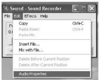 Sound - Sound Recorder File Edit Effects Help Copy Ctrl+C Paste Insert Ctrl+V Paste Mix Insert File... Mix with File... Delete Before Current Position Delete After Current Position Audio Properties
