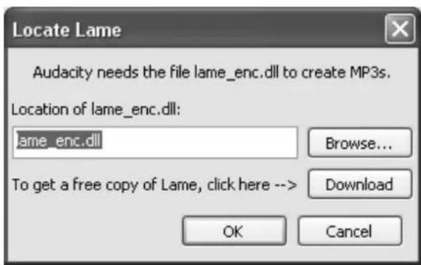 Locate Lame Audacity needs the file lame_enc.dll to create MP3s. Location of lame_enc.dll: lame_enc.dll Browse... To get a free copy of Lame, click here --> Download OK Cancel