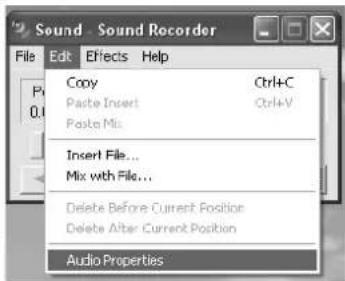 Sound File Edit Effects Help Copy Ctrl+C Paste Insert Ctrl+V Paste Mix Insert File... Mix with File... Delete Before Current Position Delete After Current Position Audio Properties