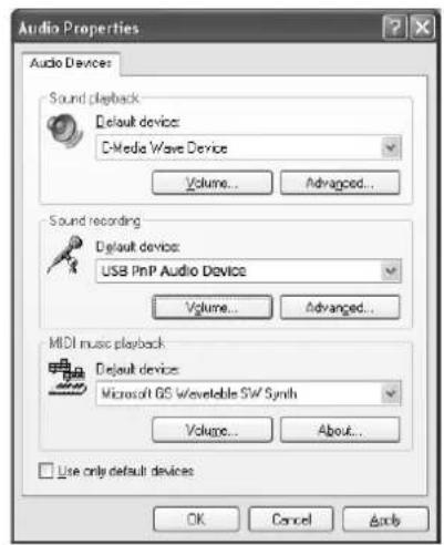 Audio Devices Sound playback Default device: C-Media Wave Device Volume... Advanced... Sound recording Default device: USB PnP Audio Device Volume... Advanced... MIDI music playback Default device: Microsoft GS Wavelength SW Synth Voltage... About... Use only default devices OK Cancel Apply