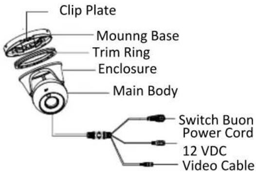Clip Plate Mounng Base Trim Ring Enclosure Main Body Switch Buon Power Cord 12 VDC Video Cable