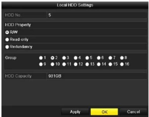 Local HDD Settings HDD No 5 HDD Property ● RAW ● Read-only ● Redundancy Group ● 1 ● 2 ● 3 ● 4 ● 5 ● 6 ● 7 ● 8 ● 9 ● 10 ● 11 ● 12 ● 13 ● 14 ● 15 ● 16 HDD Capacity 931GB Apply OK Cancel