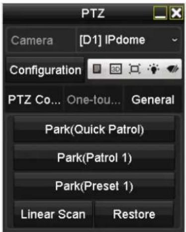 PTZ Camera [D1] IPdome Configuration PTZ Co... One-tou... General Park(Quick Patrol) Park(Patrol 1) Park(Preset 1) Linear Scan Restore