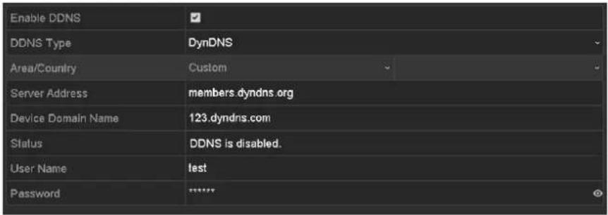 Enable DDNS DDNS Type DynDNS Area/Country Custom Server Address members.dyndns.org Device Domain Name 123.dyndns.com Status DDNS is disabled. User Name test Password *****
