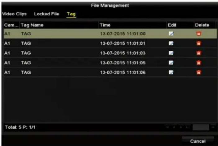 File Management Video Clips Locked File Tag Cam... Tag Name Time Edit Delete A1 TAG 13-07-2015 11:01:00 A1 TAG 13-07-2015 11:01:01 A1 TAG 13-07-2015 11:01:03 A1 TAG 13-07-2015 11:01:05 A1 TAG 13-07-2015 11:01:06 Total: 5 P: 1/1 Cancel