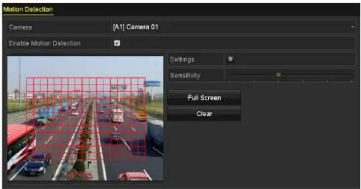Motion Detection Camera [A1] Camera 01 Enable Motion Detection Settings Sensitivity Full Screen Clear