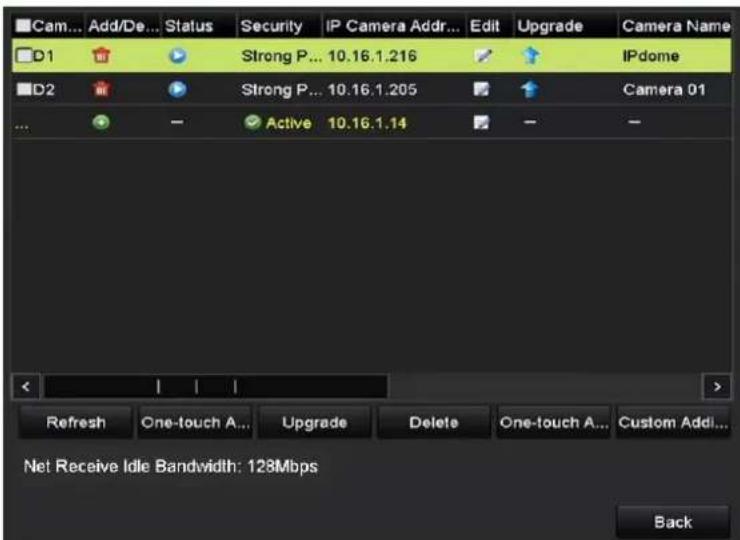 Cam... Add/De... Status Security IP Camera Addr... Edit Upgrade Camera Name D1 Strong P... 10.16.1.216 IPdome D2 Strong P... 10.16.1.205 Camera 01 Active 10.16.1.14 Refresh One-touch A... Upgrade Delete One-touch A... Custom Add... Net Receive Idle Bandwidth: 128Mbps Back