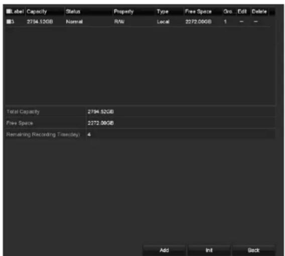 Label Capacity Status Property Type Free Space Gro. Edit Delete ■3 2794.52GB Normal R/W Local 2272.00GB 1 — — Total Capacity 2794.52GB Free Space 2272.00GB Remaining Recording Time(days) 4 Add Init Back