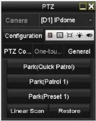 PTZ Camera [D1] IPdome Configuration PTZ Co... One-tou... General Park(Quick Patrol) Park(Patrol 1) Park(Preset 1) Linear Scan Restore