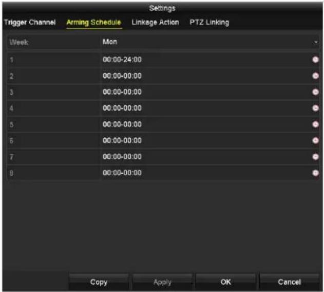Settings Trigger Channel Arming Schedule Linkage Action PTZ Linking Week Mon 1 00:00-24:00 2 00:00-00:00 3 00:00-00:00 4 00:00-00:00 5 00:00-00:00 6 00:00-00:00 7 00:00-00:00 8 00:00-00:00 Copy Apply OK Cancel