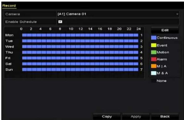 Record Camera [A1] Camera 01 Enable Schedule Mon Tue Wed Thu Fri Sat Sun 0 2 4 6 8 10 12 14 16 18 20 22 24 Edit Continuous Event Motion Alarm M | A M & A None Copy Apply Back