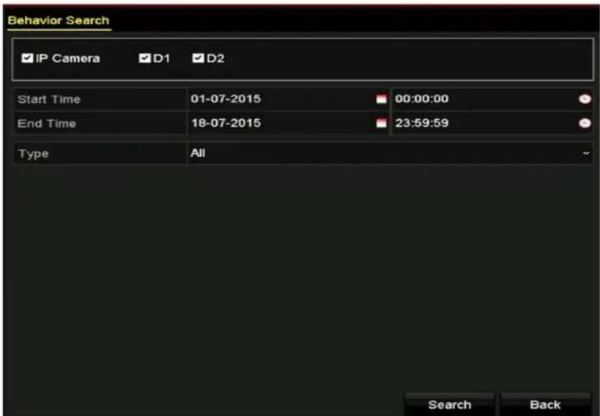 Behavior Search IP Camera D1 D2 Start Time 01-07-2015 00:00:00 End Time 18-07-2015 23:59:59 Type All Search Back