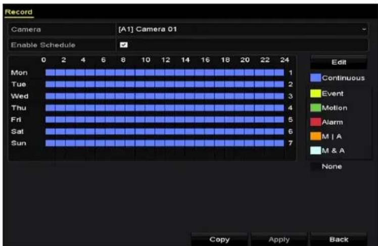 Record Camera [A1] Camera 01 Enable Schedule Mon Tue Wed Thu Fri Sat Sun 0 2 4 6 8 10 12 14 16 18 20 22 24 Edit Continuous Event Motion Alarm M | A M & A None Copy Apply Back