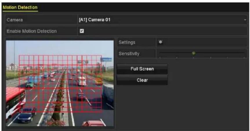 Motion Detection Camera [A1] Camera 01 Enable Motion Detection Settings Sensitivity Full Screen Clear