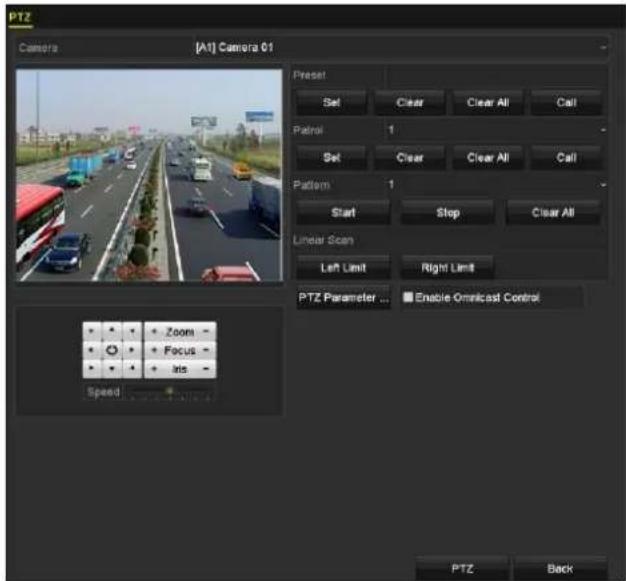 PTZ Camera [A1] Camera 01 Preset Set Clear Clear All Call Patrol 1 Set Clear Clear All Call Pattern 1 Start Stop Clear All Linear Scan Left Limit Right Limit PTZ Parameter ... Enable Omnicast Control Zoom - Focus - Ins - Speed - PTZ Back