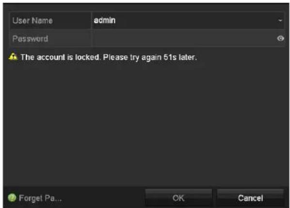 User Name admin Password The account is locked. Please try again 51s later. Forget Pa... OK Cancel